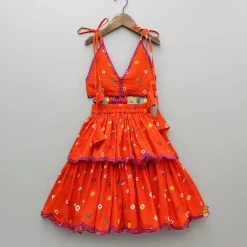 New Orange Multicolour Printed Embroidered Tie Up Strappy Top and Layered Lehenga Ethnic Wear | Lehengas & Ghagras