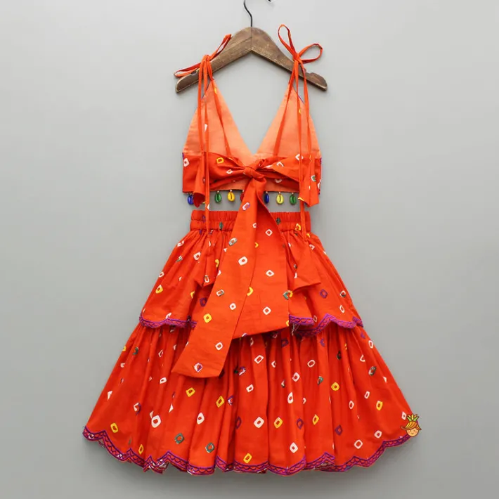 New Orange Multicolour Printed Embroidered Tie Up Strappy Top and Layered Lehenga Ethnic Wear | Lehengas & Ghagras