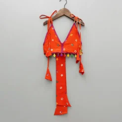 New Orange Multicolour Printed Embroidered Tie Up Strappy Top and Layered Lehenga Ethnic Wear | Lehengas & Ghagras
