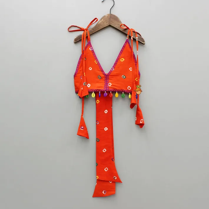 New Orange Multicolour Printed Embroidered Tie Up Strappy Top and Layered Lehenga Ethnic Wear | Lehengas & Ghagras