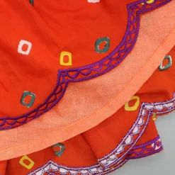 New Orange Multicolour Printed Embroidered Tie Up Strappy Top and Layered Lehenga Ethnic Wear | Lehengas & Ghagras