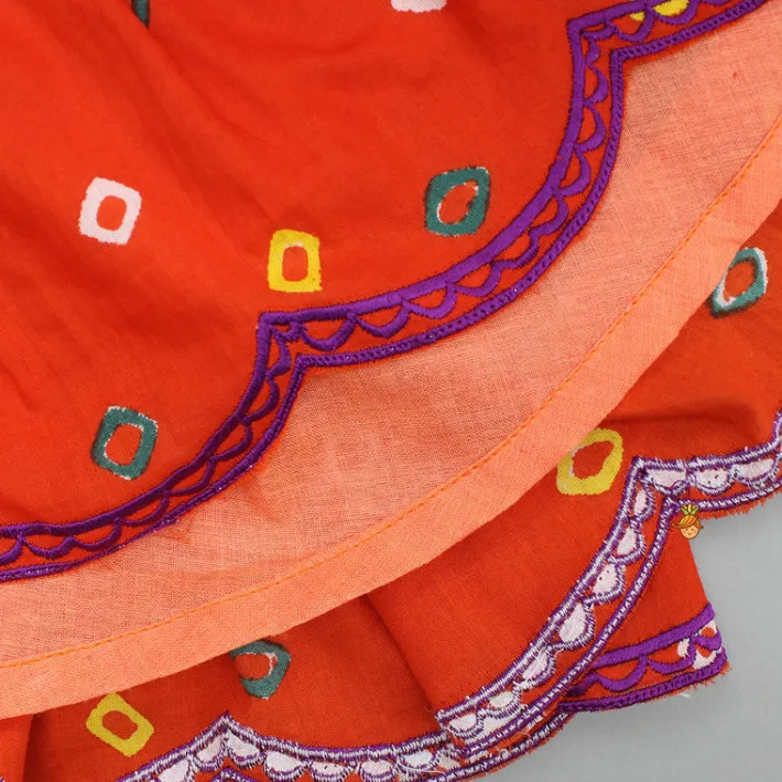 New Orange Multicolour Printed Embroidered Tie Up Strappy Top and Layered Lehenga Ethnic Wear | Lehengas & Ghagras