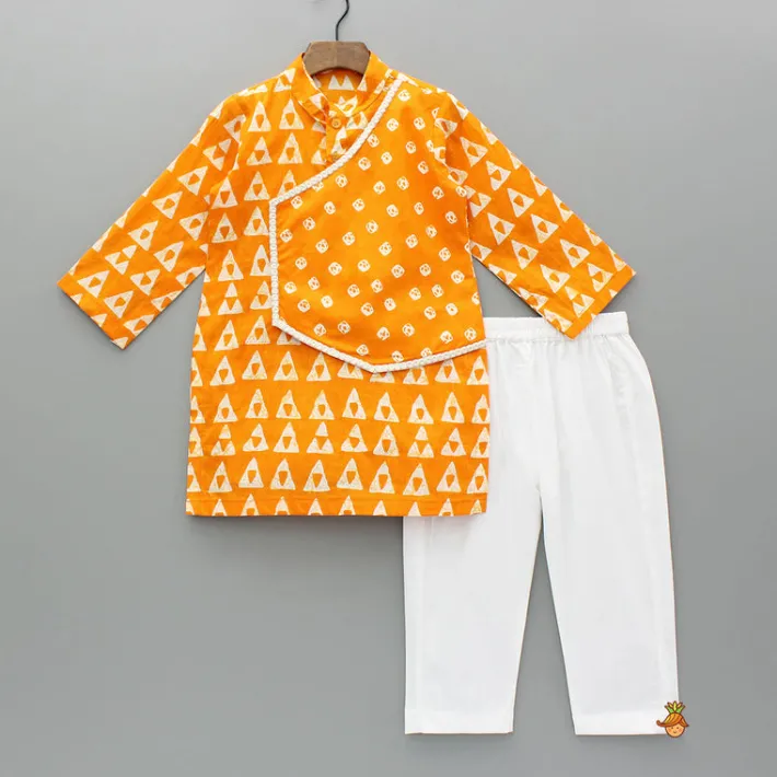 Hot Orange Printed Kurta With One Side Flap And Pyjama BOY Indian Ethnic Wear | Ethnic Sets