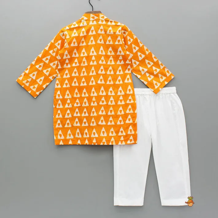 Hot Orange Printed Kurta With One Side Flap And Pyjama BOY Indian Ethnic Wear | Ethnic Sets