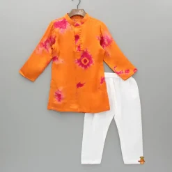 Hot Orange Printed Kurta With Jacket And Pyjama BOY Indian Ethnic Wear | Ethnic Sets