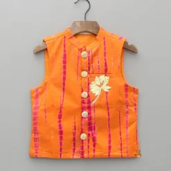 Hot Orange Printed Kurta With Jacket And Pyjama BOY Indian Ethnic Wear | Ethnic Sets