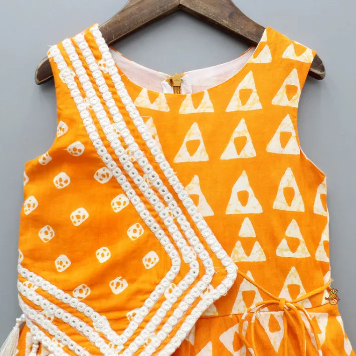 Clearance Orange Printed Kurti With Faux Mirror Work Flap Ethnic Wear | Kurtis & Jumpsuits
