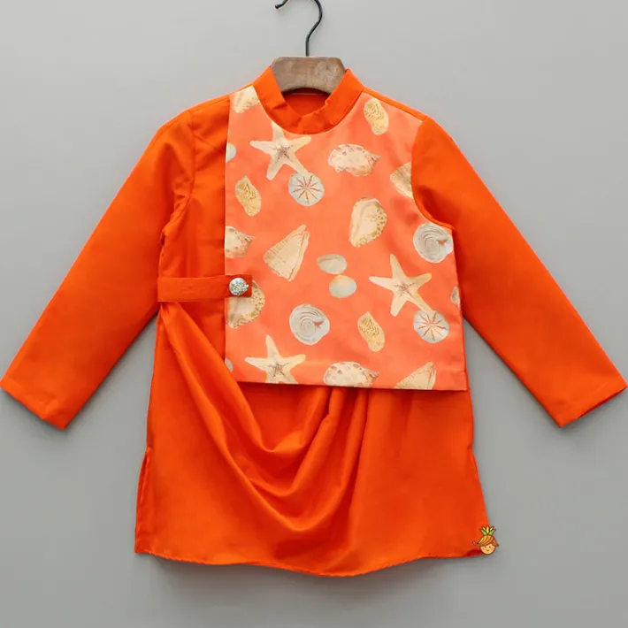 New Orange Stylish Draped Printed Flap Kurta And Pyjama BOY Indian Ethnic Wear | Ethnic Sets