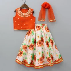 Discount Orange Top And Floral Printed Lehenga With Net Dupatta Ethnic Wear | Lehengas & Ghagras
