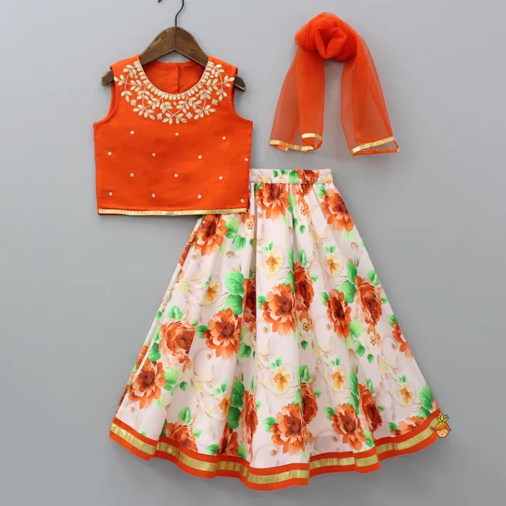 Discount Orange Top And Floral Printed Lehenga With Net Dupatta Ethnic Wear | Lehengas & Ghagras