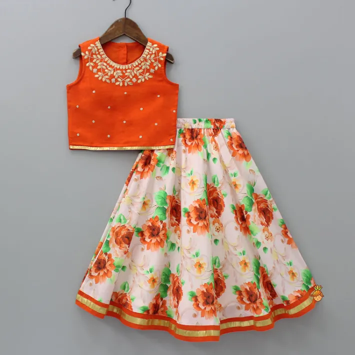 Discount Orange Top And Floral Printed Lehenga With Net Dupatta Ethnic Wear | Lehengas & Ghagras