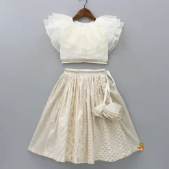 Fashion Organza Off White Frilly Top And Chanderi Embroidered Lehenga Twinning Sets | Ethnic Wear