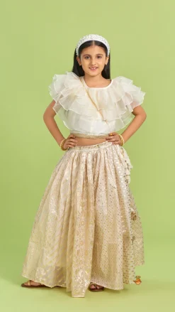 Fashion Organza Off White Frilly Top And Chanderi Embroidered Lehenga Twinning Sets | Ethnic Wear
