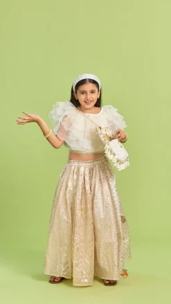 Fashion Organza Off White Frilly Top And Chanderi Embroidered Lehenga Twinning Sets | Ethnic Wear