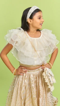 Fashion Organza Off White Frilly Top And Chanderi Embroidered Lehenga Twinning Sets | Ethnic Wear