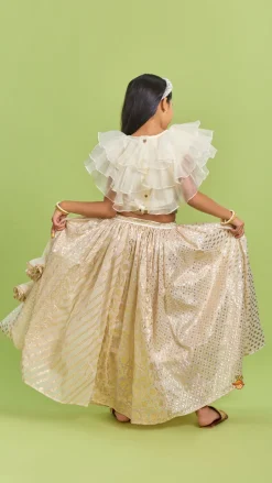 Fashion Organza Off White Frilly Top And Chanderi Embroidered Lehenga Twinning Sets | Ethnic Wear