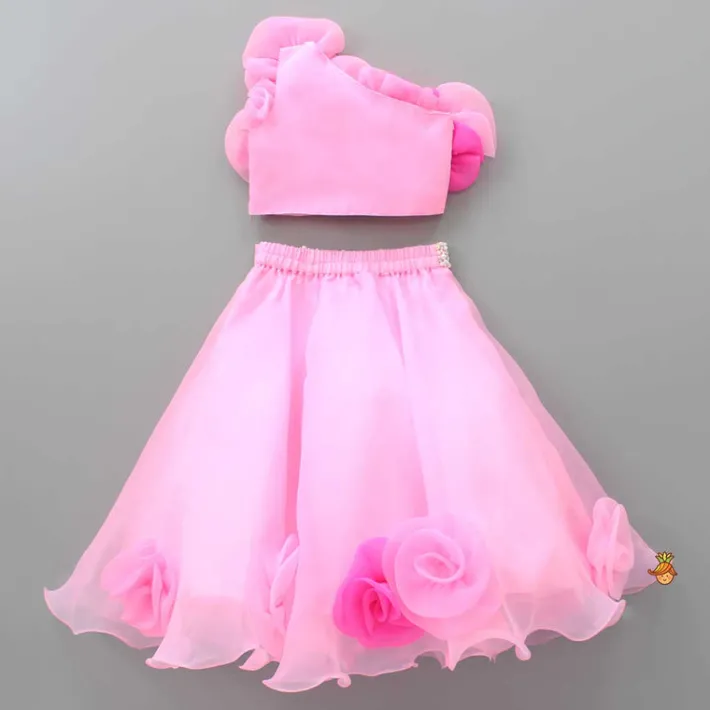 Fashion Organza One Shoulder Pink Top And Flower Adorned Flared Lehenga Ethnic Wear | Lehengas & Ghagras