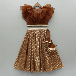 Outlet Organza Triple Layered Flap Brown Top And Zari Embroidered Lehenga Twinning Sets | Ethnic Wear