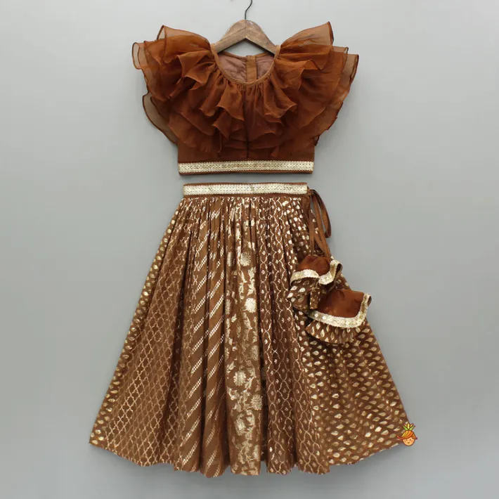 Outlet Organza Triple Layered Flap Brown Top And Zari Embroidered Lehenga Twinning Sets | Ethnic Wear