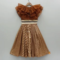 Outlet Organza Triple Layered Flap Brown Top And Zari Embroidered Lehenga Twinning Sets | Ethnic Wear