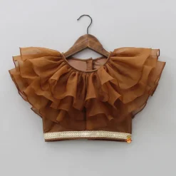 Online Organza Triple Layered Flap Brown Top And Zari Embroidered Lehenga Ethnic Wear | Lehengas & Ghagras