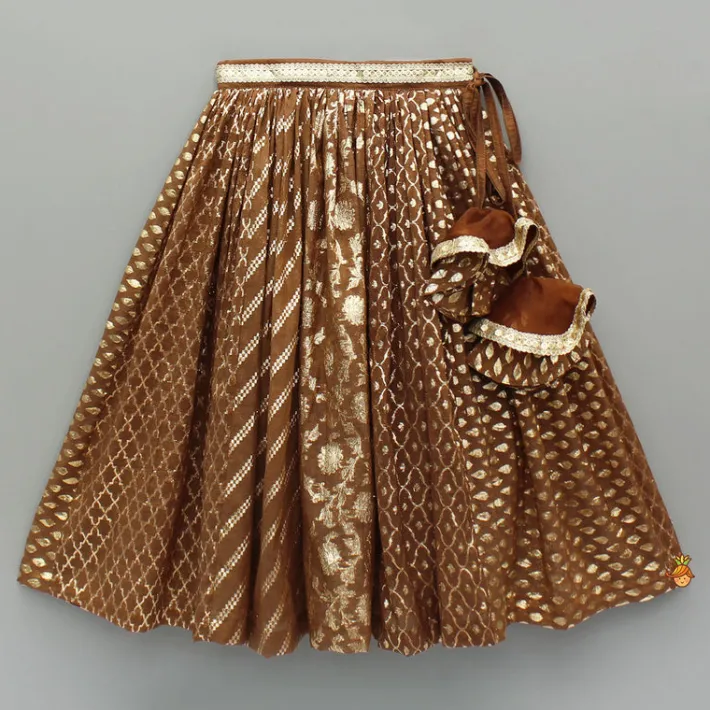 Outlet Organza Triple Layered Flap Brown Top And Zari Embroidered Lehenga Twinning Sets | Ethnic Wear