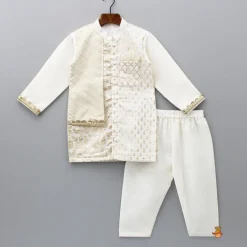 Sale Patch Pocket Detail Chanderi Embroidered Cream Attached Flap Kurta And Pyjama BOY Twinning Sets | Indian Ethnic Wear