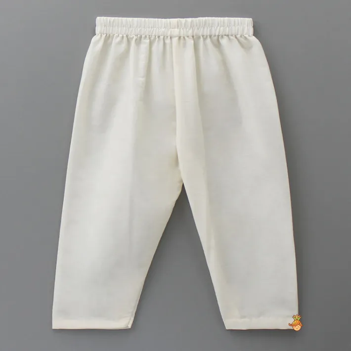Sale Patch Pocket Detail Chanderi Embroidered Cream Attached Flap Kurta And Pyjama BOY Twinning Sets | Indian Ethnic Wear