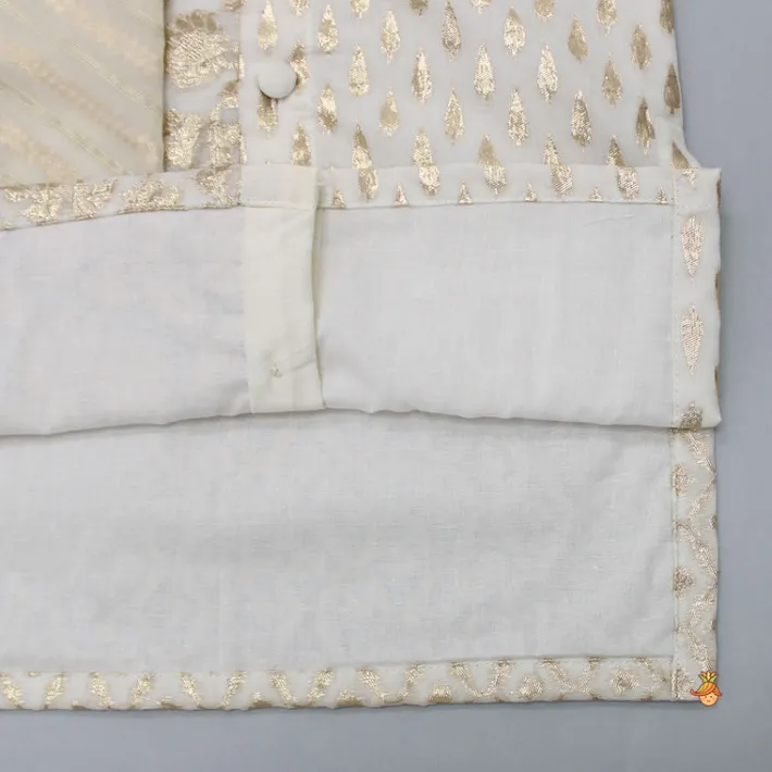 Sale Patch Pocket Detail Chanderi Embroidered Cream Attached Flap Kurta And Pyjama BOY Twinning Sets | Indian Ethnic Wear