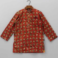 Best Patch Pocket Detail Hand Block Printed Red Ochre Kurta BOY Twinning Sets | Indian Ethnic Wear