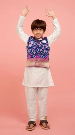 Outlet Patola Printed Royal Blue Jacket With Kurta And Pyjama BOY Indian Ethnic Wear | Ethnic Sets