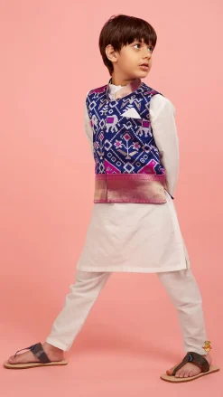 Outlet Patola Printed Royal Blue Jacket With Kurta And Pyjama BOY Indian Ethnic Wear | Ethnic Sets