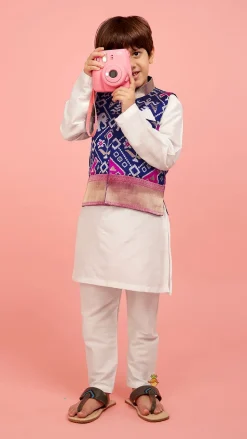 Outlet Patola Printed Royal Blue Jacket With Kurta And Pyjama BOY Indian Ethnic Wear | Ethnic Sets