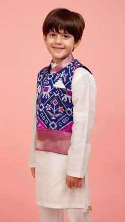 Outlet Patola Printed Royal Blue Jacket With Kurta And Pyjama BOY Indian Ethnic Wear | Ethnic Sets