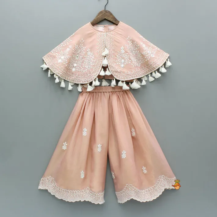 Online Peach Embroidered And Embellished Cape Attached Top With Flared Palazzo Ethnic Wear | Palazzos & Shararas
