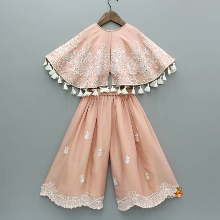 Online Peach Embroidered And Embellished Cape Attached Top With Flared Palazzo Ethnic Wear | Palazzos & Shararas