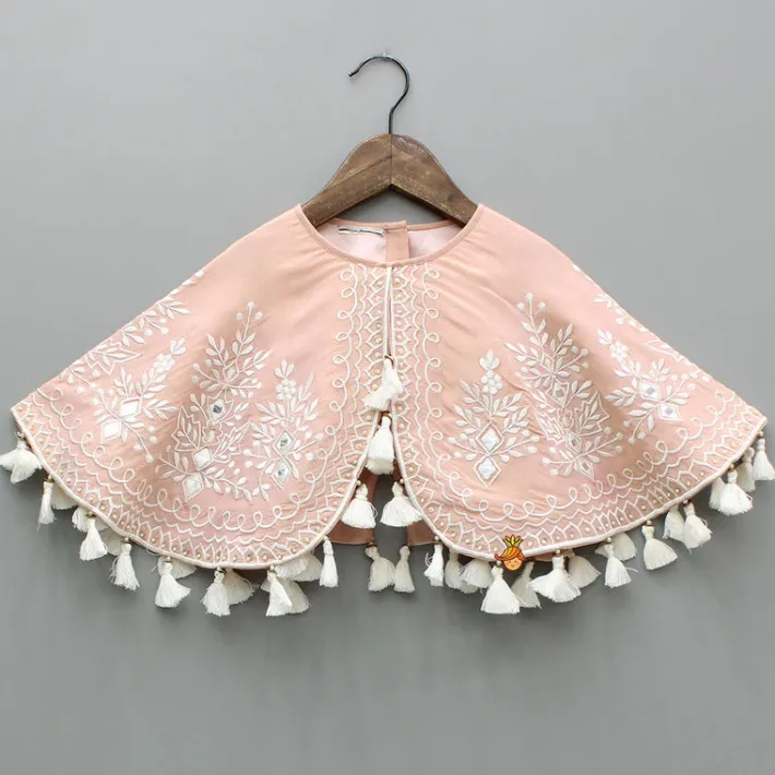 Online Peach Embroidered And Embellished Cape Attached Top With Flared Palazzo Ethnic Wear | Palazzos & Shararas