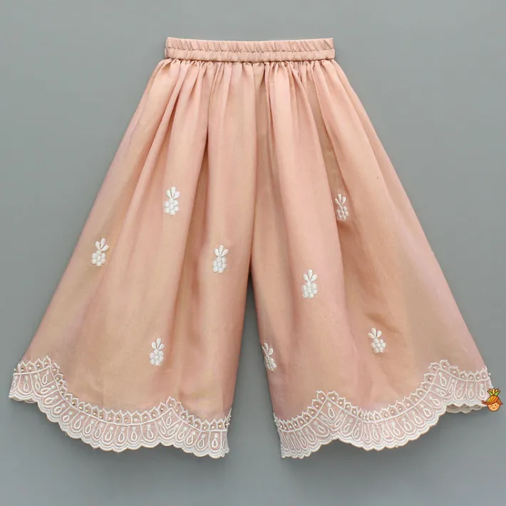 Online Peach Embroidered And Embellished Cape Attached Top With Flared Palazzo Ethnic Wear | Palazzos & Shararas