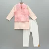 Hot Peach Embroidered Kurta With Printed Jacket And Pyjama BOY Indian Ethnic Wear | Ethnic Sets
