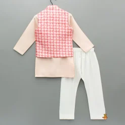 Hot Peach Embroidered Kurta With Printed Jacket And Pyjama BOY Indian Ethnic Wear | Ethnic Sets