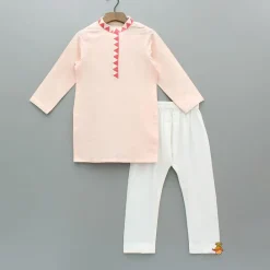 Hot Peach Embroidered Kurta With Printed Jacket And Pyjama BOY Indian Ethnic Wear | Ethnic Sets