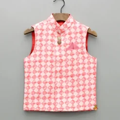 Hot Peach Embroidered Kurta With Printed Jacket And Pyjama BOY Indian Ethnic Wear | Ethnic Sets