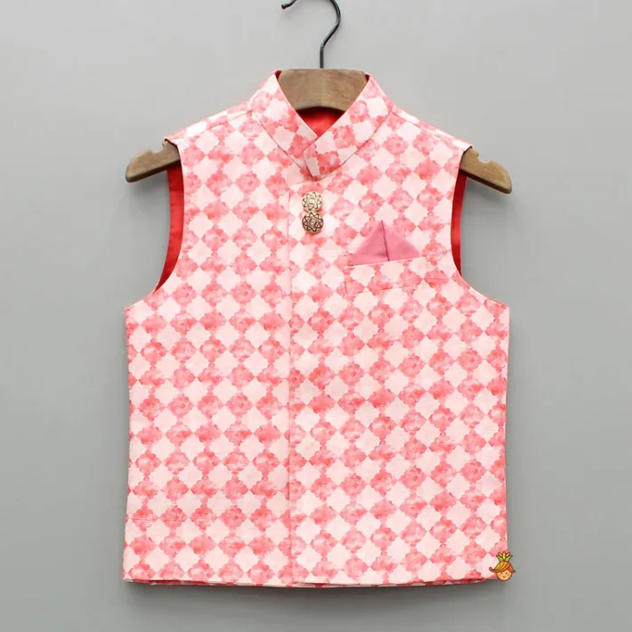 Hot Peach Embroidered Kurta With Printed Jacket And Pyjama BOY Indian Ethnic Wear | Ethnic Sets