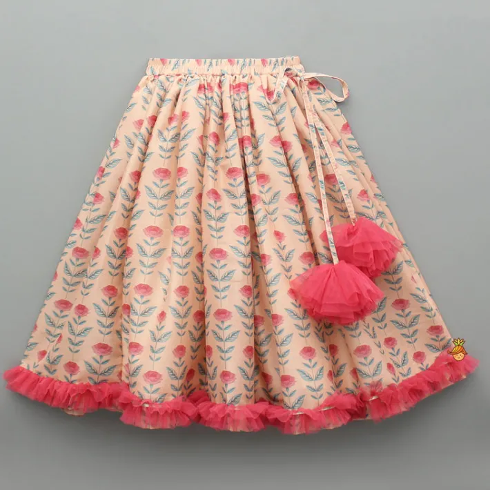 Online Peach Floral Printed Crop Top With Lehenga And Net Dupatta Twinning Sets | Ethnic Wear