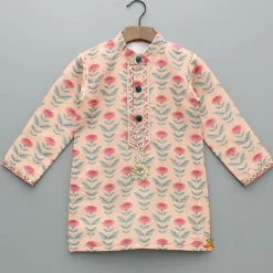 Clearance Peach Floral Printed Kurta With Pyjama BOY Twinning Sets | Indian Ethnic Wear