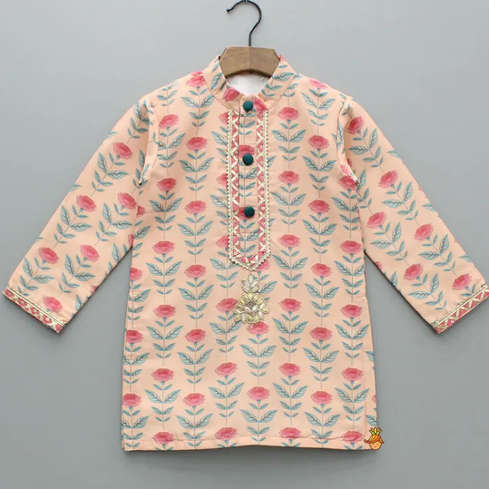 Clearance Peach Floral Printed Kurta With Pyjama BOY Twinning Sets | Indian Ethnic Wear