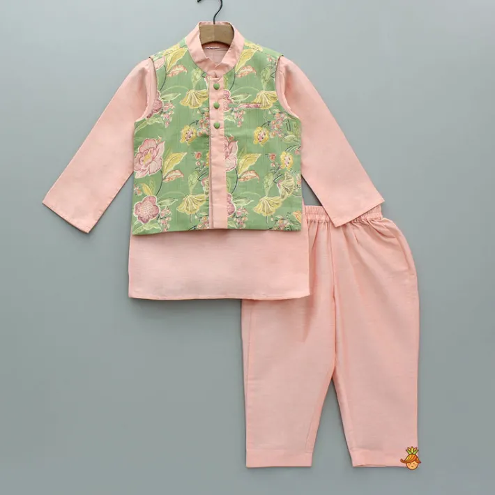 Online Peach Kurta And Green Floral Multicolour Printed Jacket With Pyjama BOY Indian Ethnic Wear | Ethnic Sets