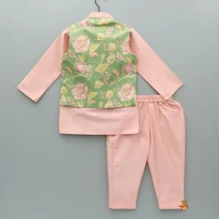 Online Peach Kurta And Green Floral Multicolour Printed Jacket With Pyjama BOY Indian Ethnic Wear | Ethnic Sets