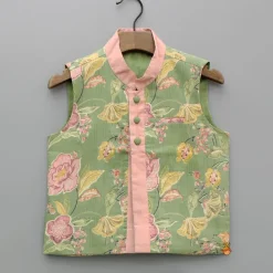 Online Peach Kurta And Green Floral Multicolour Printed Jacket With Pyjama BOY Indian Ethnic Wear | Ethnic Sets