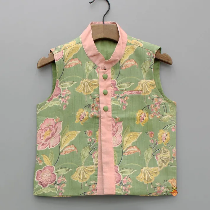 Online Peach Kurta And Green Floral Multicolour Printed Jacket With Pyjama BOY Indian Ethnic Wear | Ethnic Sets